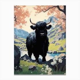 Black Bull In The Highlands By The River Canvas Print