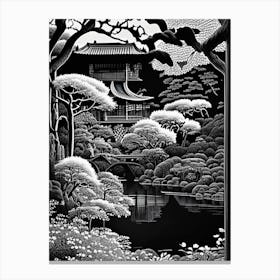 Rikugien Gardens, 1, Japan Linocut Black And White Vintage Canvas Print