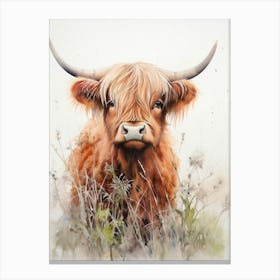 Grassy Highland Cow Watercolour 4 Canvas Print