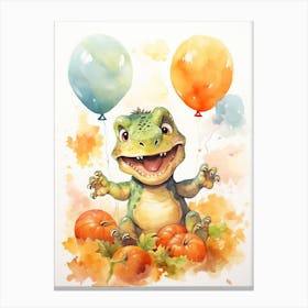 Dinosaur T Rex Flying With Autumn Fall Pumpkins And Balloons Watercolour Nursery 4 Canvas Print