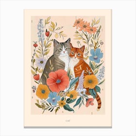 Folksy Floral Animal Drawing Cat 2 Poster Canvas Print