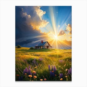 Sun Casting Rays Over A Quaint House Nestled In A Meadow Clouds Drifting Above Vibrant Wildflowers Canvas Print