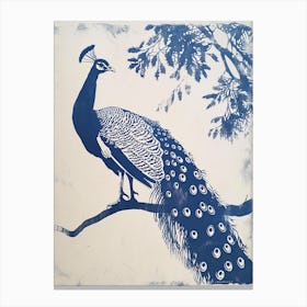 Navy Blue Linocut Inspired Peacock In A Tree 3 Canvas Print