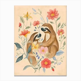 Folksy Floral Animal Drawing Sloth 3 Canvas Print