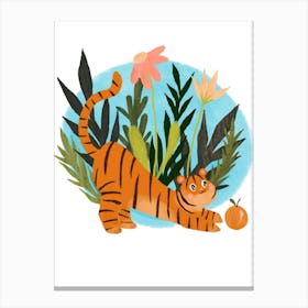 Cute Pouncing Tiger With Flowers Canvas Print