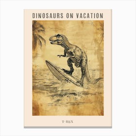 Vintage T Rex Dinosaur On A Surf Board 1 Poster Canvas Print