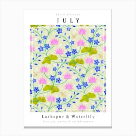 Larkspur & Water Lily July Birth Flower Print Canvas Print