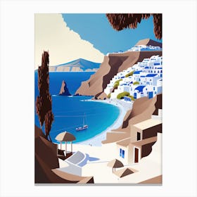 Santorin, Greece - Retro Landscape Beach and Coastal Theme Travel Poster Canvas Print