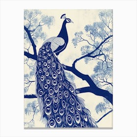 Ivory & Navy Blue Peacock In A Tree Canvas Print