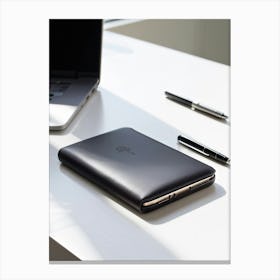 Leather Phone Case Nestled On A Minimalist White Desk Accented By The Elegance Of A Sleek Ballpoin Canvas Print