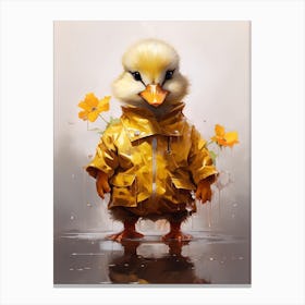 Duckling In A Yellow Raincoat With Flowers 2 Canvas Print