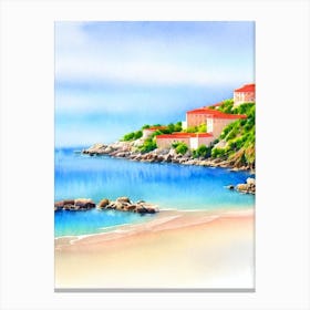 Sveti Stefan Beach, Montenegro Watercolour Canvas Print