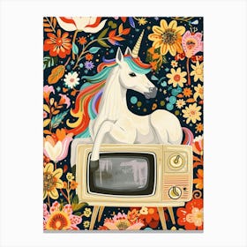 Unicorn Watching Tv Floral Fauvism Painting 1 Canvas Print