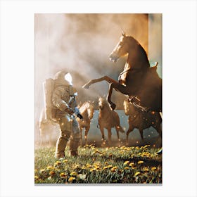 personnes dans un champ avec des chevaux Canvas Print