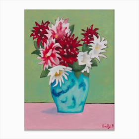 Red And White Flowers In Vase Canvas Print