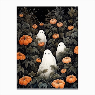 Cute Bedsheet Ghost, Botanical Halloween Watercolour 100 Canvas Print