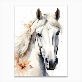 Floral White Horse Watercolor Painting (11) Canvas Print