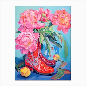 Oil Painting Of Hydrangea Flowers And Cowboy Boots, Oil Style 3 Canvas Print