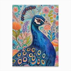 Colourful Folk Inspired Peacock Portrait 4 Canvas Print