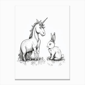 Unicorn And Bunny Friends Black And White Doodle 1 Canvas Print