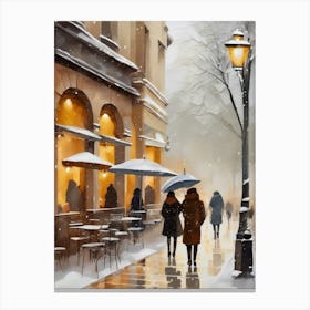 Paris cafes, winter season, Christmas, autumn oil colors, pale colors, pedestrians in the street, winter clothes, falling snow.1 1 Canvas Print