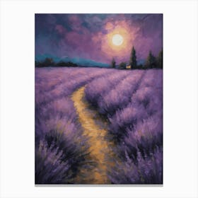 Moon Rise Over The Lavender Fields - Dark Gloomy Beautiful Enchanting Feature Art Wall Decor - Flowers Canvas Print