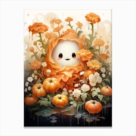 Cute Bedsheet Ghost, Botanical Halloween Watercolour 131 Canvas Print