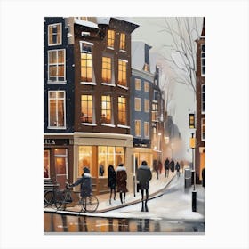 Amsterdam cafes, winter season, Christmas, autumn oil colors, pale colors, pedestrians in the street, winter clothes, falling snow.3 2 Canvas Print