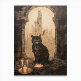 Cat & Candles Sat In Medieval Archway Canvas Print