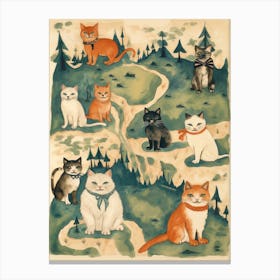 Medieval Style Map With Cats On A Hill Canvas Print