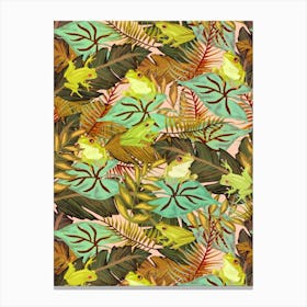 Hiding Tropical Tree Frogs in Warm Green Foliage on Pastel Peach Canvas Print