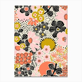 Asian Florals Pink Orange Black White Abstract Pattern Canvas Print