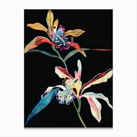 Neon Flowers On Black Monkey Orchid 2 Canvas Print