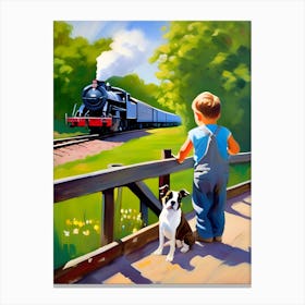 Boy And Dog Looking At Train Canvas Print