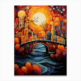 Stone Bridge in Old Town at Sunset, Abstract Vibrant Colorful Painting in Van Gogh & Cubism Style Canvas Print