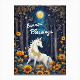 Lammas Blessings - Lucky White Unicorn - Fae Creatures by Sarah Valentine with Sunflowers and Full Moon Canvas Print