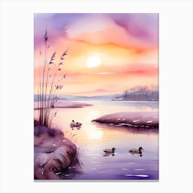 Watercolor Ducks At Sunset Canvas Print