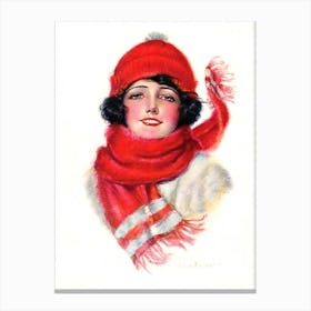 Portrait Of A Smiling Young Woman In Winter cap And A Shawl Canvas Print