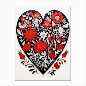 Heart Red & Black Linocut Style White Background 2 Canvas Print
