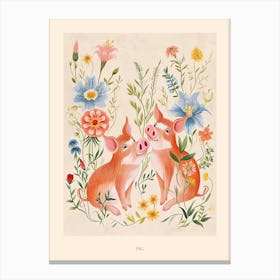 Folksy Floral Animal Drawing Pig 2 Poster Canvas Print