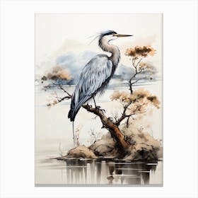 A Crane, Japanese Brush Painting, Ukiyo E, Minimal 4 Canvas Print