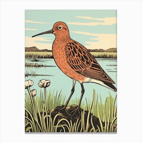 Vintage Bird Linocut Dunlin 3 Canvas Print