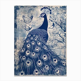 Peacock With Other Birds Linocut Inspired Canvas Print