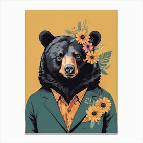Floral Black Bear Portrait In A Suit (8) Canvas Print