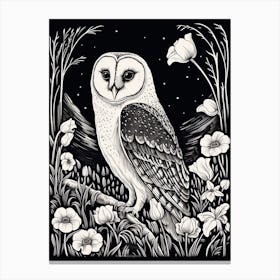 B&W Bird Linocut Barn Owl 3 Canvas Print