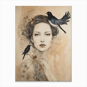 Woman Portrait With A Bird Painting (10) Canvas Print