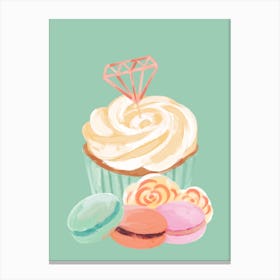 Cupcakes And Macarons with Green background wallart printable Canvas Print