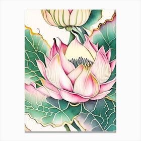 Lotus Flower Repeat Pattern Watercolour Ink Pencil 3 Canvas Print