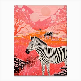 Linocut Pink & Red Inspired Zebra 1 Canvas Print