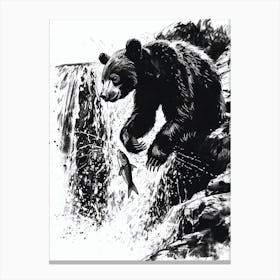 Malayan Sun Bear Catching Fish In A Waterfall Ink Illustration 2 Canvas Print